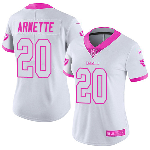 Nike Raiders #20 Damon Arnette White/Pink Women's Stitched NFL Limited Rush Fashion Jersey